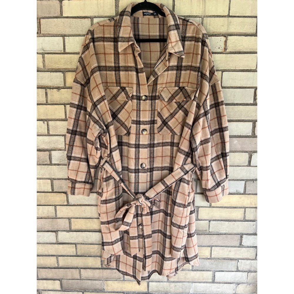 Shein Curve Tan Brown Plaid Longline Belted Shacket Jacket Plus Size 3XL XXXL